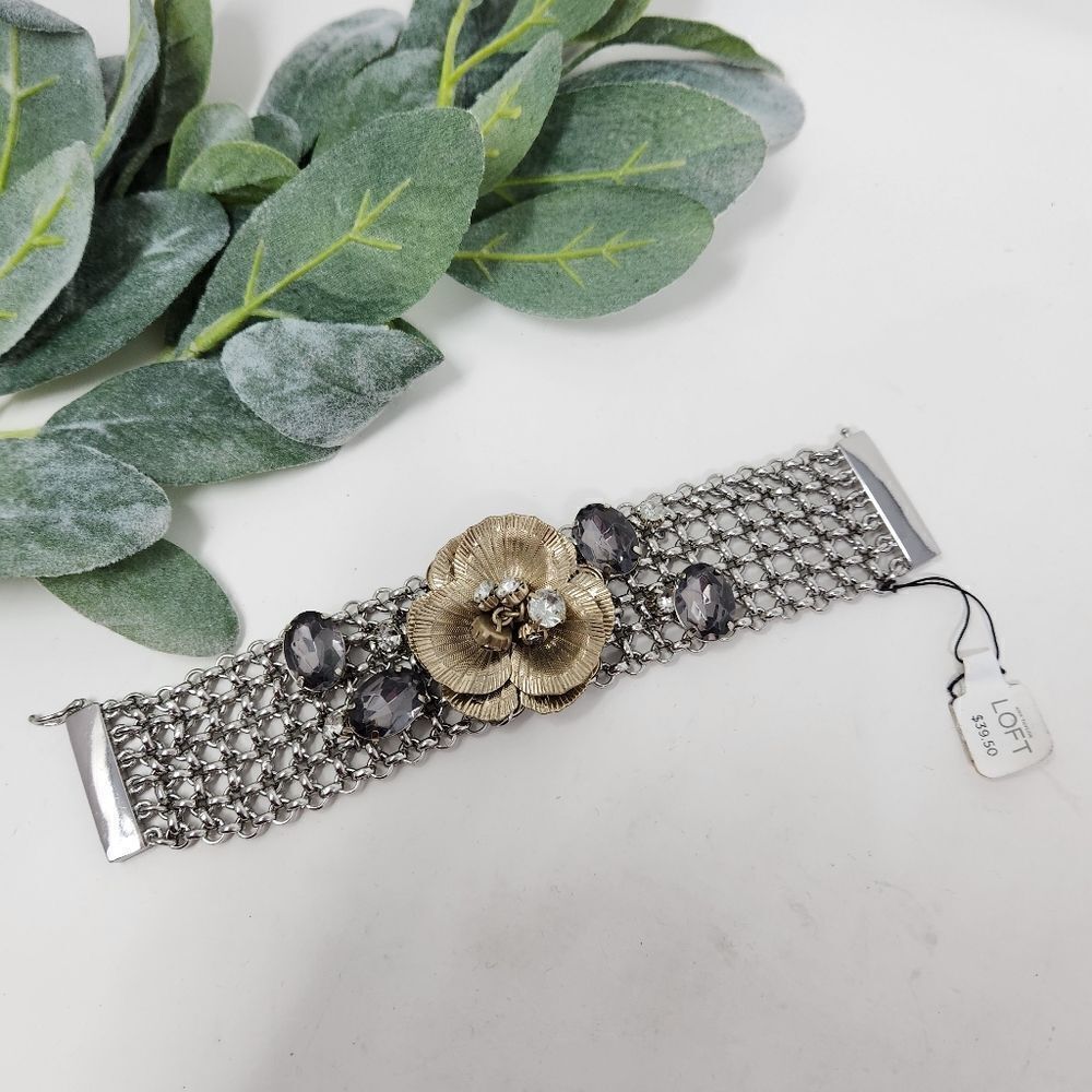 LOFT Rhinestone Flower Metal Chain Magnetic Bracelet NWT - Picture 2 of 10